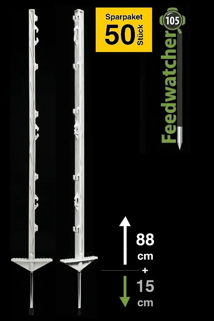 50x "Feedwatcher 105" Weidezaunpfähle 105 cm, 8 Ösen, weiß