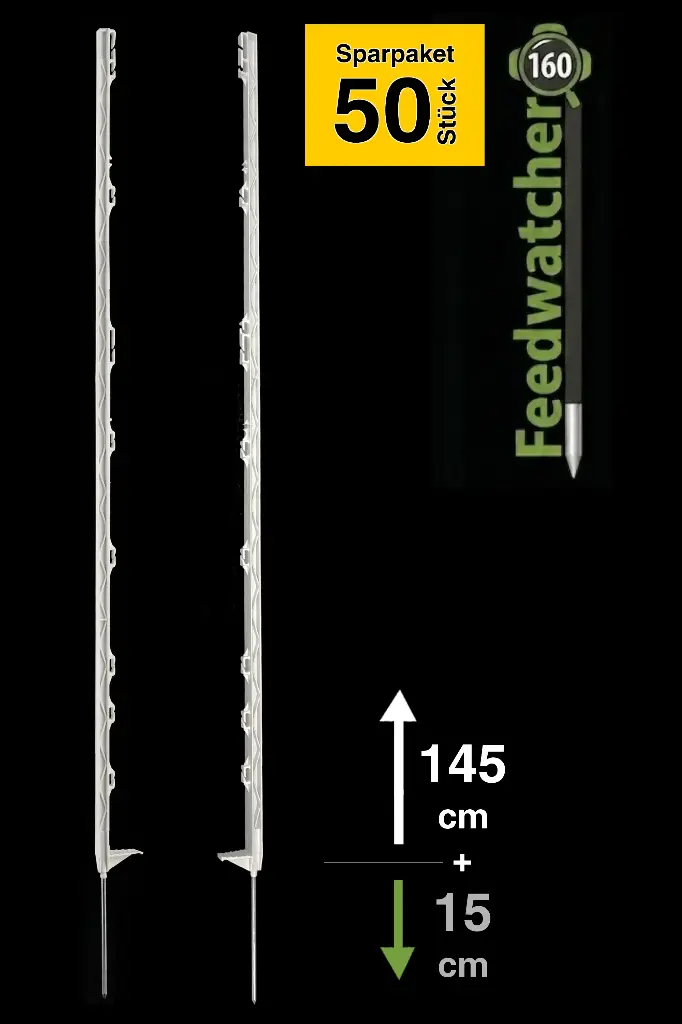 50x "Feedwatcher 160" Weidezaunpfähle 160 cm, 10 Ösen, weiß